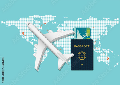 Travel concept vector airplane, passport, and boarding pass on a world map background.
