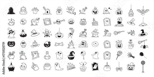 Mega collection of hand drawn doodle style Halloween icons spooky elements set
