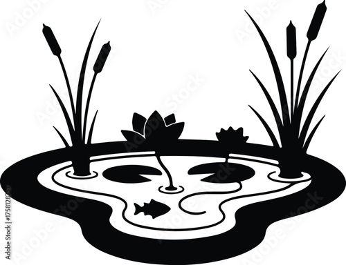 Vector Pond water lily fish and reeds silhouette Illustrator