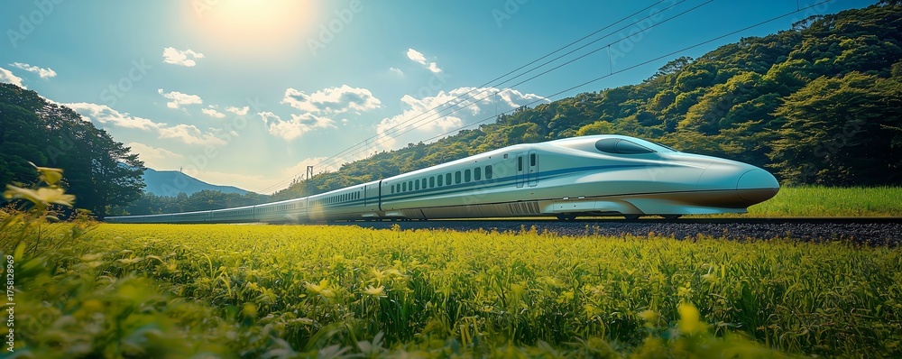 Fototapeta premium Bullet Train Speeding Through Countryside, with motion blur emphasizing its incredible speed under a bright blue sky.