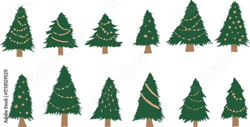手描きのクリスマスツリーイラスト。12月のクリスマス背景。Hand drawn Christmas tree illustration. December Christmas background.