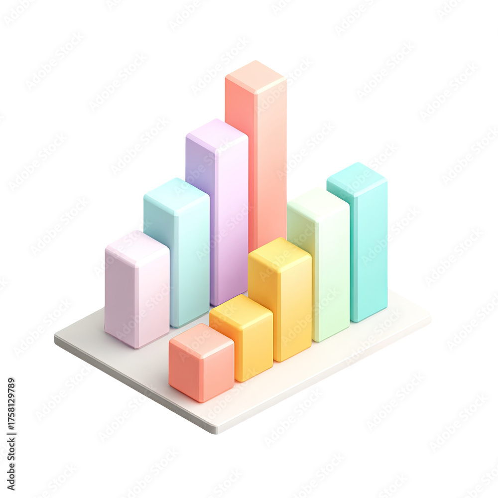 Fototapeta premium 3D pastel-colored bar chart on a white base against a black background, showing varying heights
