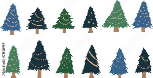 手描きのクリスマスツリーイラスト。12月のクリスマス背景。Hand drawn Christmas tree illustration. December Christmas background.