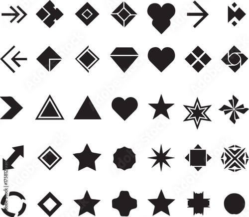 Collection of black geometric shapes and icons including arrows hearts stars and diamonds on white background