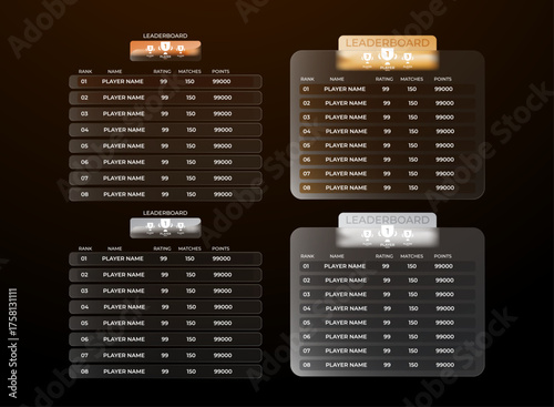 Dark brown glassmorphism leaderboard UI template pack, elegant transparent ranking and scoreboard interface design for game or esports layout.