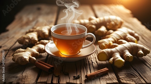 A steaming cup of warm ginger tea on a rustic wooden table, surrounded by fresh ginger roots and cinnamon sticks. Emphasizes a healthy lifestyle and sustainable, organic ingredients