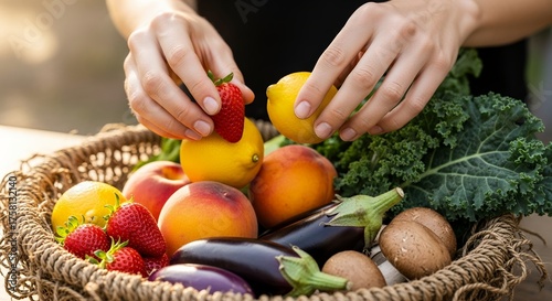 Woman's hands arrange fresh fruits and vegetables in a wicker basket outdoors under natural light, concept for healthy eating, farm-to-table initiatives and nutritional education