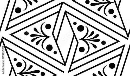 Geometric diamond pattern isolated on white background with floral accents, creating a sophisticated and decorative design suitable for backgrounds and textiles
