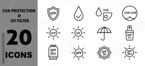 Vector art of sun protection and uv filter icons set