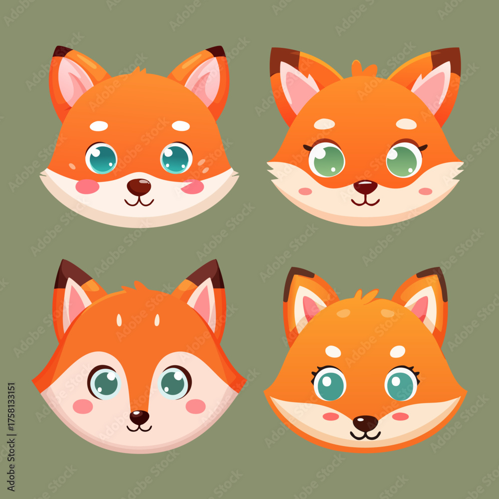 Fototapeta premium Set of Cute Chibi Cartoon Fox Faces