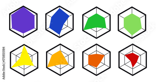 能力やスキルを表す、8種類の形状のレーダーチャートのアイコンイラストセット（青・緑・オレンジ・赤・黄色など8色）