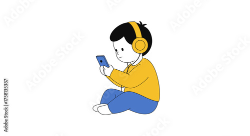 A young child wearing yellow headphones and a yellow shirt sits on the floor, engrossed in a blue smartphone.