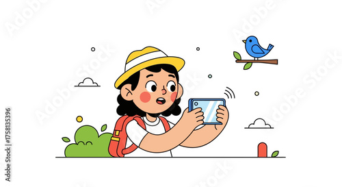 A girl with a backpack takes a photo of a blue bird on a branch with her phone.