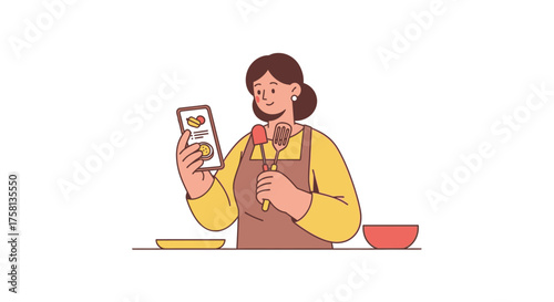 Illustration of a woman in an apron looking at a recipe on her smartphone while holding cooking utensils.