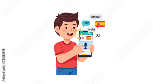 A young boy uses a language translation application on his smartphone to learn and communicate in different languages.