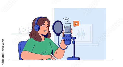A woman with headphones recording a podcast using a microphone in a studio setting, smiling.