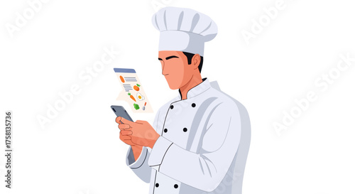 Chef in uniform using a smartphone to view a recipe or online order, with a digital display floating above the device.