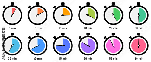 Set of colorful stopwatch vector icons showing time intervals from 5 to 60 minutes. Vector illustration.