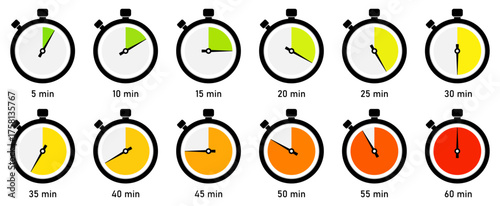 Set of colorful stopwatch vector icons showing time intervals from 5 to 60 minutes. Isolated vector illustration on white background.