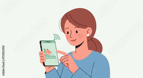 A woman is using her smartphone to interact with a financial application displaying charts and graphs.