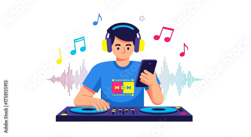 Young man DJing with headphones and smartphone, surrounded by musical notes and sound waves, enjoying digital music creation.