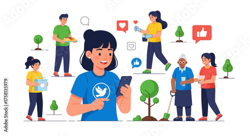 Illustration depicting diverse individuals interacting with social media, engaging in various activities, and expressing emotions.