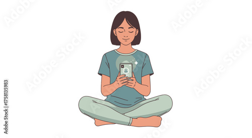Woman meditating while using her phone, sitting cross-legged.
