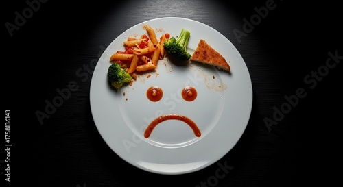 Overhead shot of a plate with uneaten food arranged into a sad face on a black surface, under spot lighting. Concept for picky eating, food waste and children's health,  nutrition