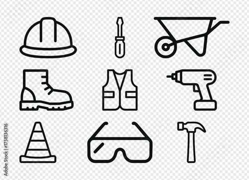 Construction and safety equipment icons set for building and repair