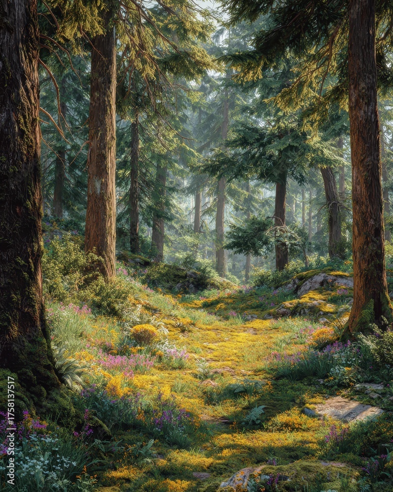 Fototapeta premium Enchanting Sun-Dappled Forest Path Bathed in Golden Hour Light, Lush Greenery.
