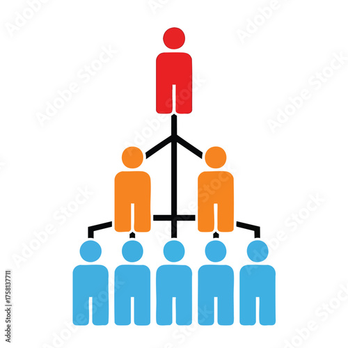 Colorful hierarchical organizational chart with a red leader figure at the top.