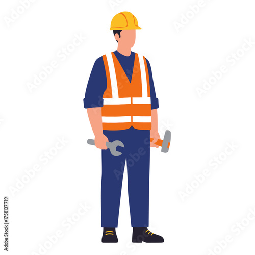 A construction worker stands with a wrench and hammer, wearing a safety vest and hard hat, representing labor, industry, and skilled trades with a clean vector graphic.