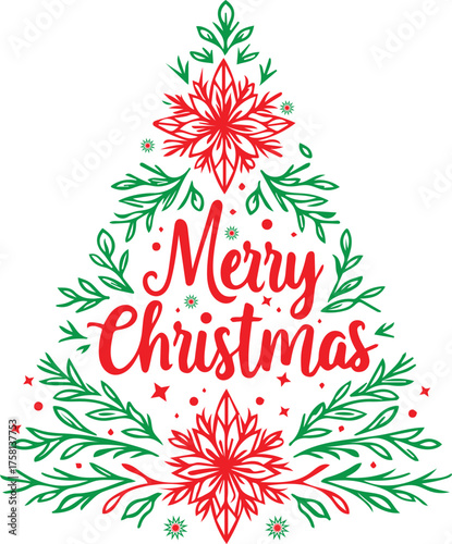 Whimsical christmas tree with merry christmas greeting text