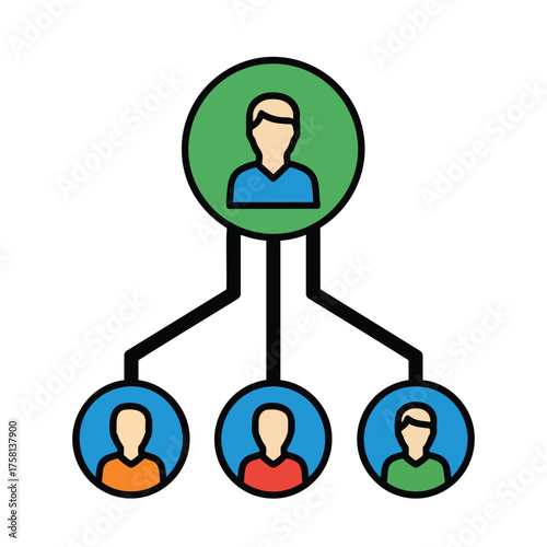 Colorful organizational chart icon representing a team hierarchy with a leader and subordinates.