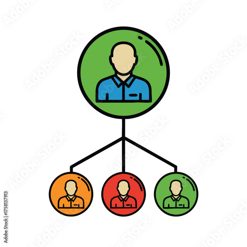Colorful line icon of a business organizational chart with a manager and team members.