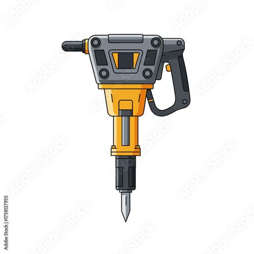 A detailed illustration showcases a yellow and gray jackhammer, a powerful tool commonly used in construction and demolition for breaking up hard materials.
