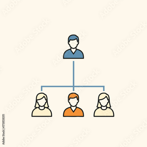 Flat line icon of a business team structure with a manager leading three employees.