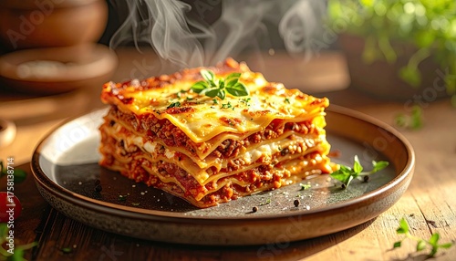 Steaming Lasagna Bolognese served on a rustic plate with fresh basil and parsley garnish on a wooden table with soft window lighting casting a warm glow
