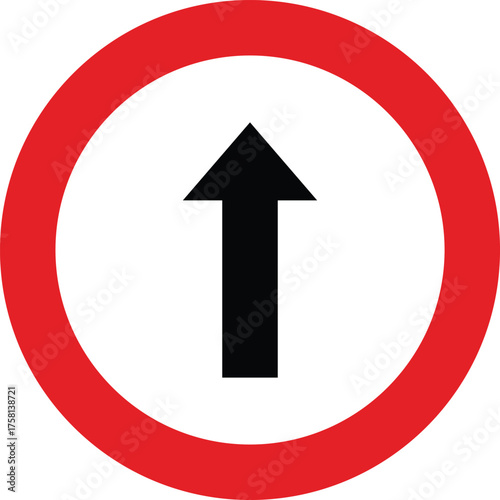 Circular red border traffic sign with black upward arrow indicating straight ahead direction