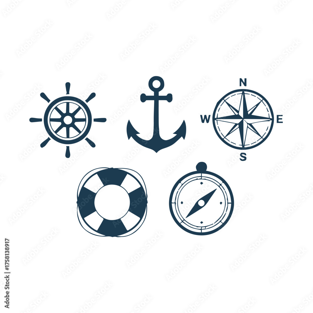 Fototapeta premium nautical navigation symbols anchor compass ship wheel lifebuoy clean vector icons for sea and sailing