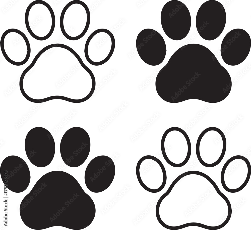 Fototapeta premium minimal pawprint icons 2x2 black silhouettes and outlined pads vector ai eps png jpeg for logo and pattern use