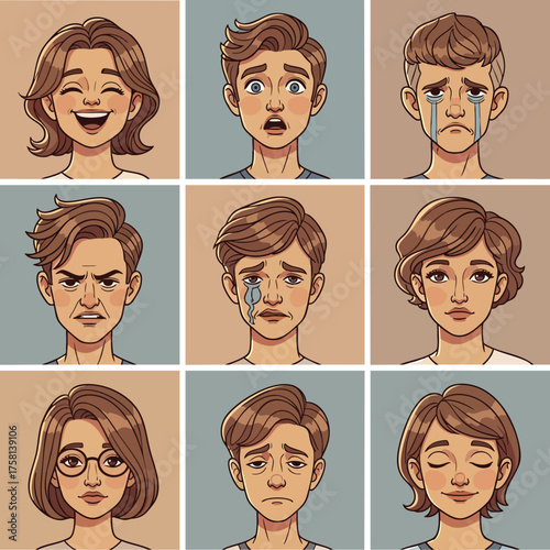 Set of cartoon character portraits illustrating a wide range of human emotions and facial expressions.