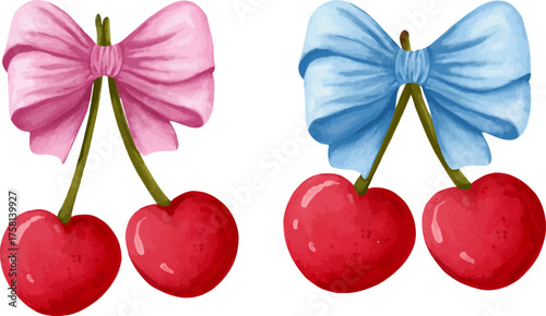 cute cherry tied with ribbon watercolor illustration