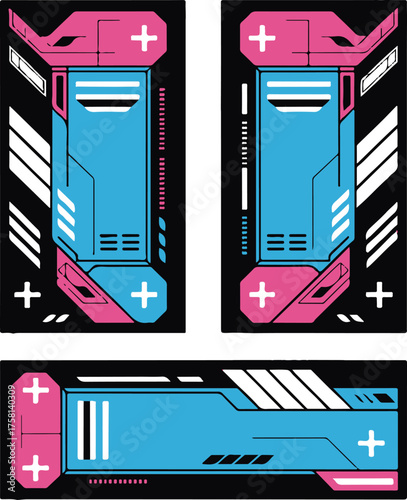 sci fi tech vector layout with circuit board shapes neon blue and pink futuristic interface panels