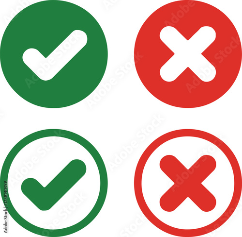 four circular check and x icons set green filled and outlined approval disapproval interface symbols ai eps png jpeg