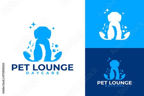 Pet Lounge Daycare Logo with Dog Silhouette and Bubbles
