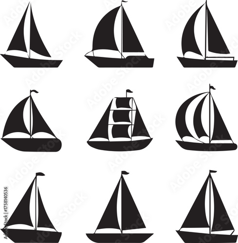 black and white sailboat icons variations vector silhouettes with different sails hulls masts ideal for marine graphic design