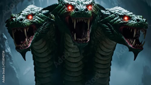 Terrifying three-headed hydra roars furiously from its dark cave, its glowing red eyes menacingly fixed forward.