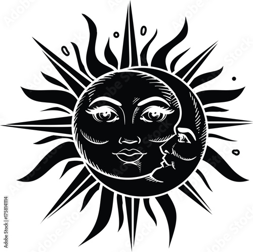 Celestial Sun and Moon Face Tattoo Design