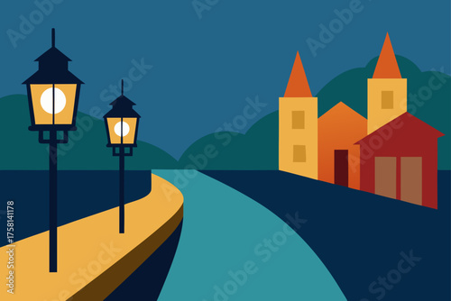 Stylized illustration of a village street at dusk with lampposts and buildings